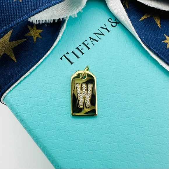 RARE Tiffany & Co. 18K Yellow Gold Diamond Letter W Rectangular Tag Charm - Picture 1 of 9
